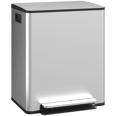50L Dual Compartment  Recycling Bin For Kitchen With Deodoriser Holders Stainless Steel Silver