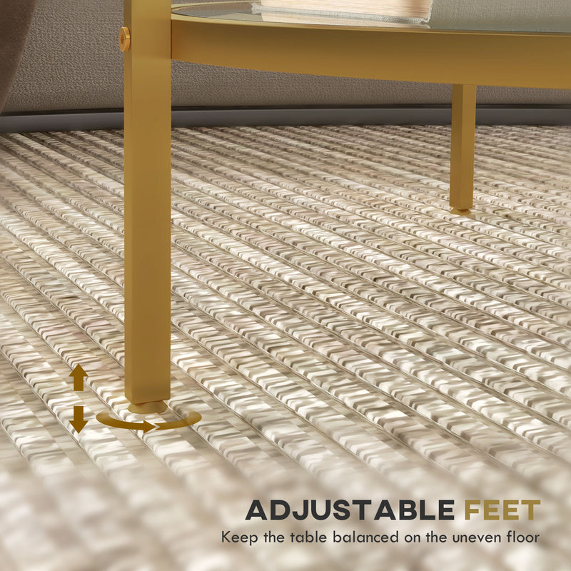 Gold Round Glass Coffee Table with Storage and Steel Frame for Modern Living Room Decor