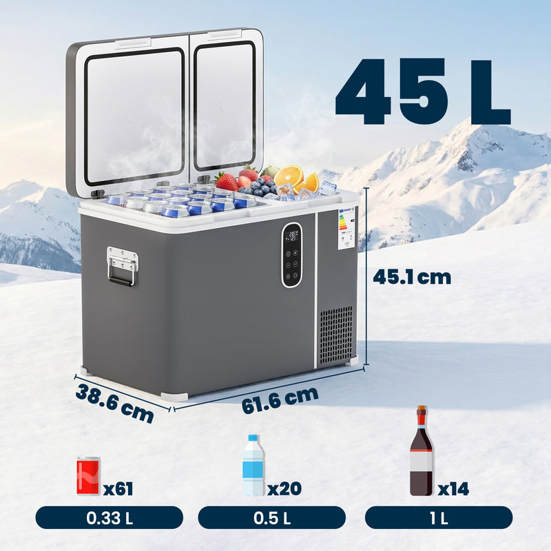 Portable Dual Zone Car Fridge Freezer 45L for Fresh Food and Drinks on the Go Grey