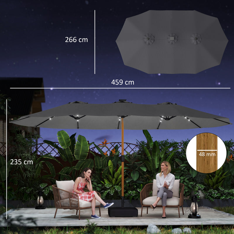 Garden Parasol with Double Canopy and Solar LED Lights for Large Patios Light Grey Outsunny