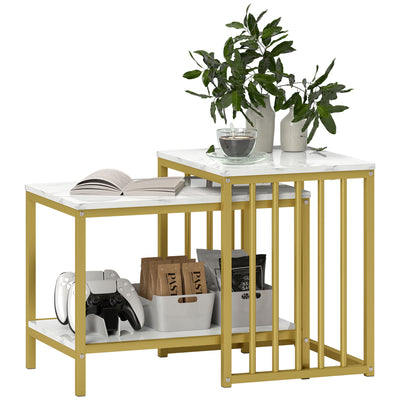 Set of Two Marble Effect Nesting Coffee Tables with Gold Steel Frame by HOMCOM
