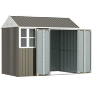 Image of a grey 8x4 metal garden shed with apex roof double doors and a window