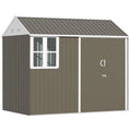 Image of a grey 8x4 metal garden shed with apex roof double doors and a window