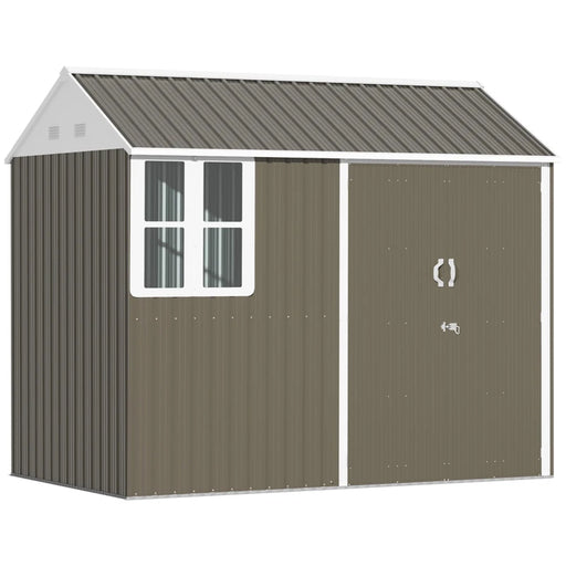 Image of a grey 8x4 metal garden shed with apex roof double doors and a window