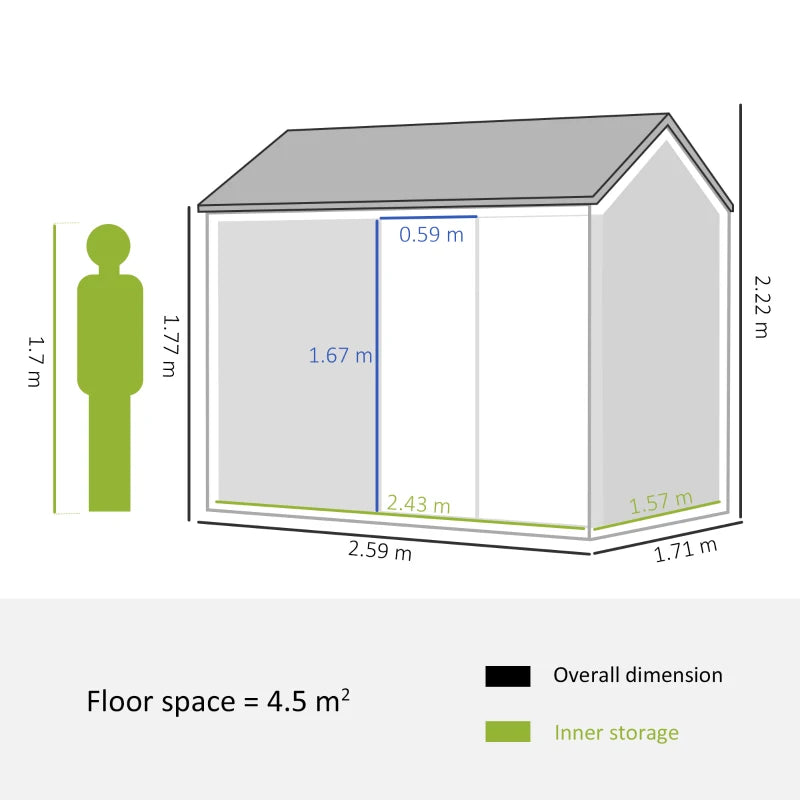 Image of a grey 8x4 metal garden shed with apex roof double doors and a window