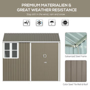 Image of a grey 8x4 metal garden shed with apex roof double doors and a window