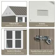 Image of a grey 8x4 metal garden shed with apex roof double doors and a window