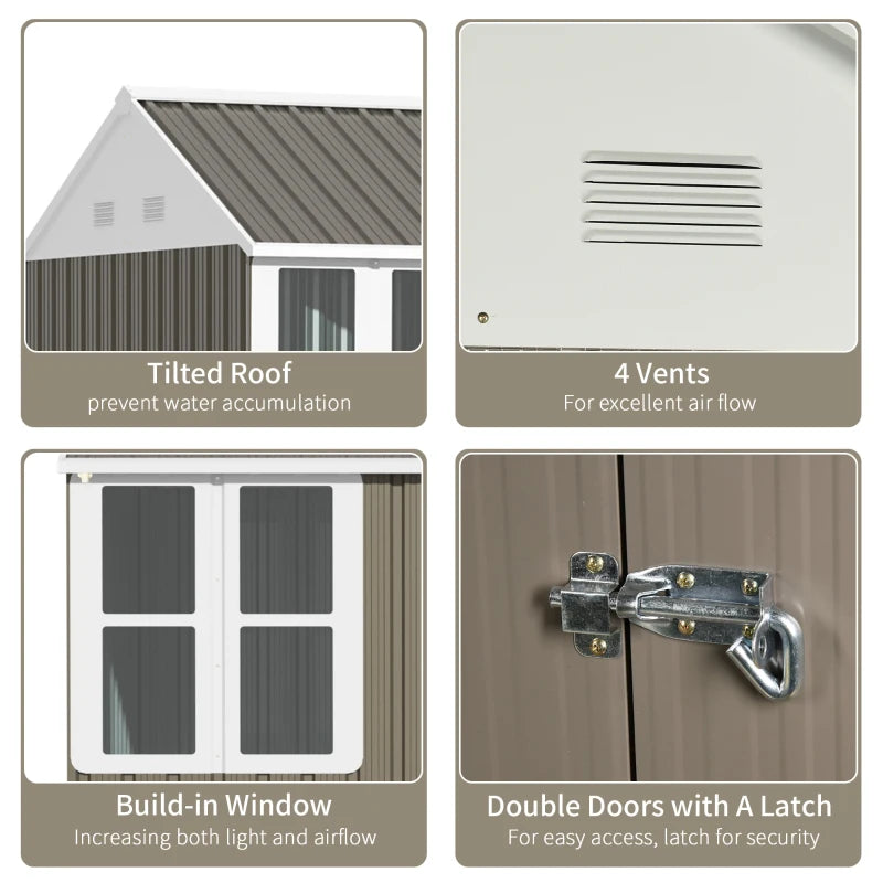 Image of a grey 8x4 metal garden shed with apex roof double doors and a window