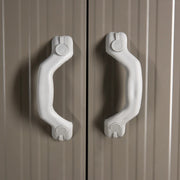 Image of a grey 8x4 metal garden shed with apex roof double doors and a window