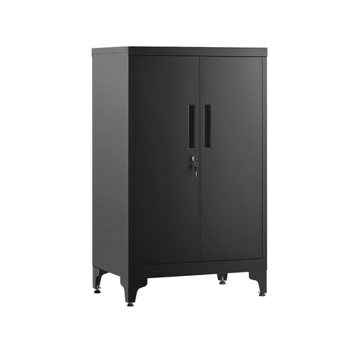 Image of a Black Lockable Metal Storage Cabinet With 2 Doors, Legs and Adjustable Shelves.