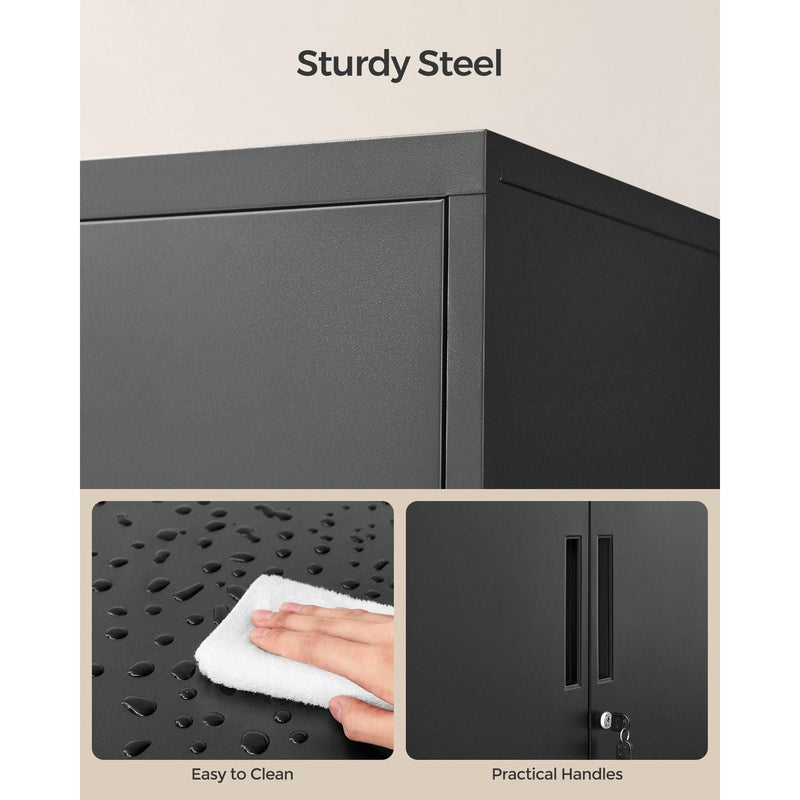 Image of a Black Lockable Metal Storage Cabinet With 2 Doors, Legs and Adjustable Shelves.