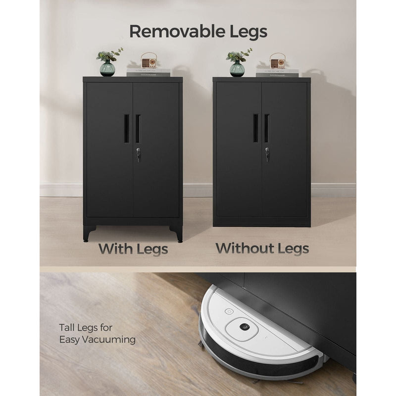 Image of a Black Lockable Metal Storage Cabinet With 2 Doors, Legs and Adjustable Shelves.