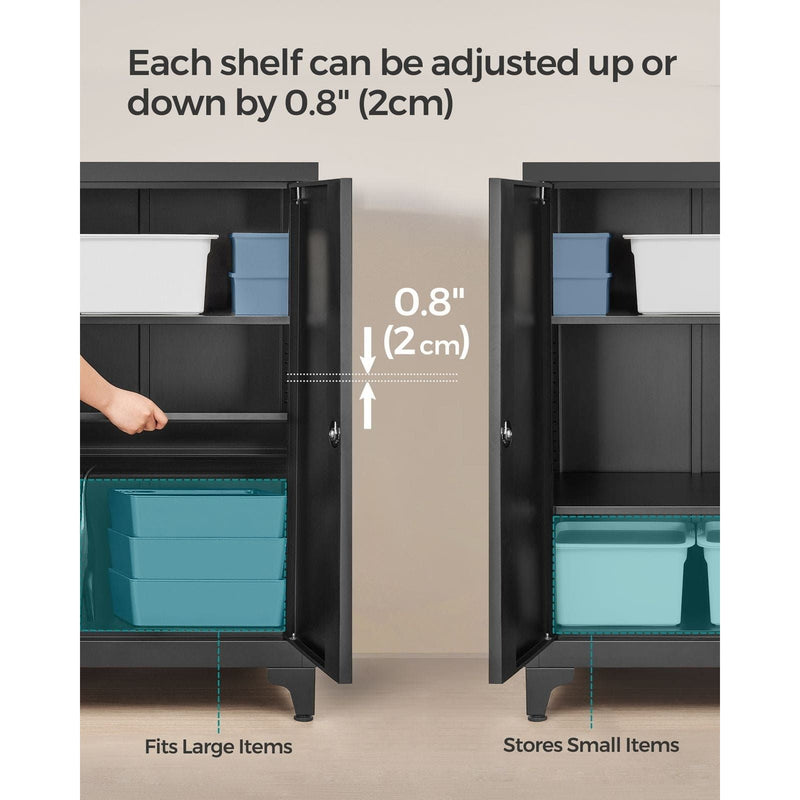 Image of a Black Lockable Metal Storage Cabinet With 2 Doors, Legs and Adjustable Shelves.