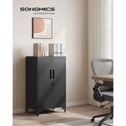 Image of a Black Lockable Metal Storage Cabinet With 2 Doors, Legs and Adjustable Shelves.