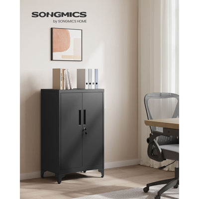 Image of a Black Lockable Metal Storage Cabinet With 2 Doors, Legs and Adjustable Shelves.