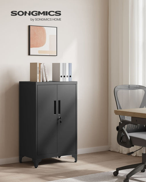 Image of a Black Lockable Metal Storage Cabinet With 2 Doors, Legs and Adjustable Shelves.