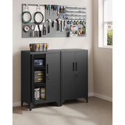 Image of a Black Lockable Metal Storage Cabinet With 2 Doors, Legs and Adjustable Shelves.