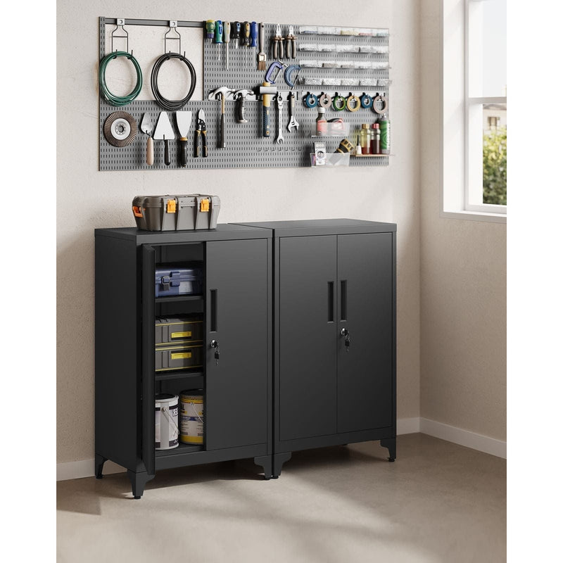 Image of a Black Lockable Metal Storage Cabinet With 2 Doors, Legs and Adjustable Shelves.