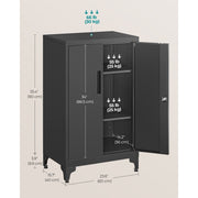 Image of a Black Lockable Metal Storage Cabinet With 2 Doors, Legs and Adjustable Shelves.