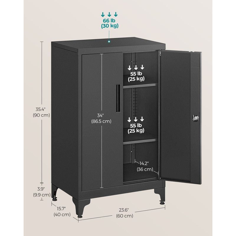 Image of a Black Lockable Metal Storage Cabinet With 2 Doors, Legs and Adjustable Shelves.