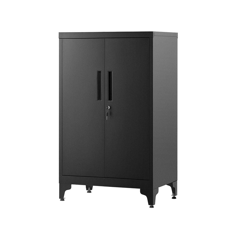 Image of a Black Lockable Metal Storage Cabinet With 2 Doors, Legs and Adjustable Shelves.