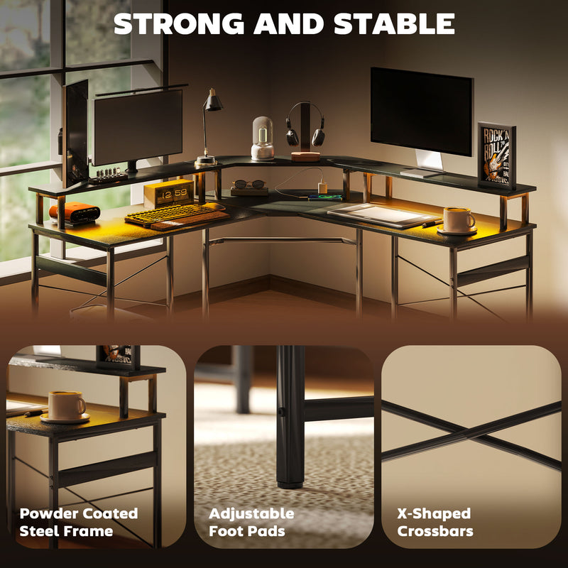Black L Shaped Work Desk with LED Lights for Home Office by HOMCOM
