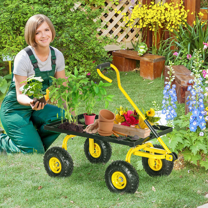 Heavy Duty Garden Trolley Cart with Metal Frame and Pneumatic Wheels Yellow by Outsunny