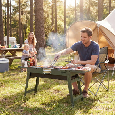 Portable Folding Charcoal Barbecue with Side Shelves for Easy Outdoor Grilling Green Outsunny