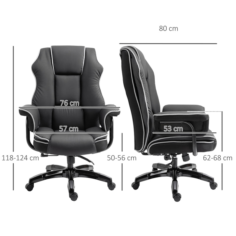 Black Faux Leather Executive Office Chair with White Piping and Padded Armrests