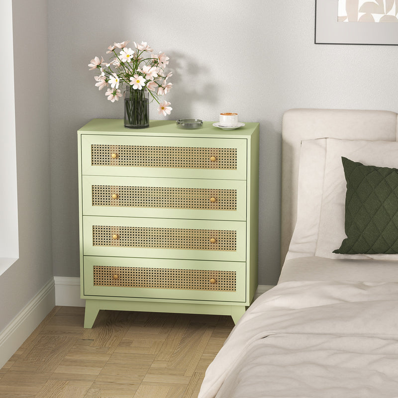 Light Green 4 Drawer Chest of Drawers with Rattan Front for Bedroom and Living Room Storage
