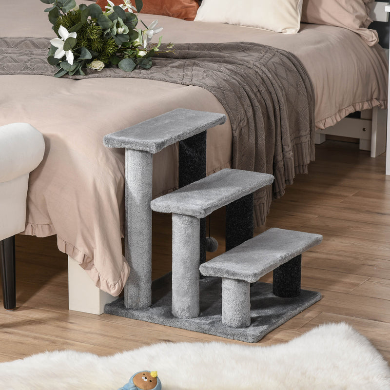 3 Step Pet Stairs with Scratching Posts and Toy Ball for Cats and Small Dogs Grey