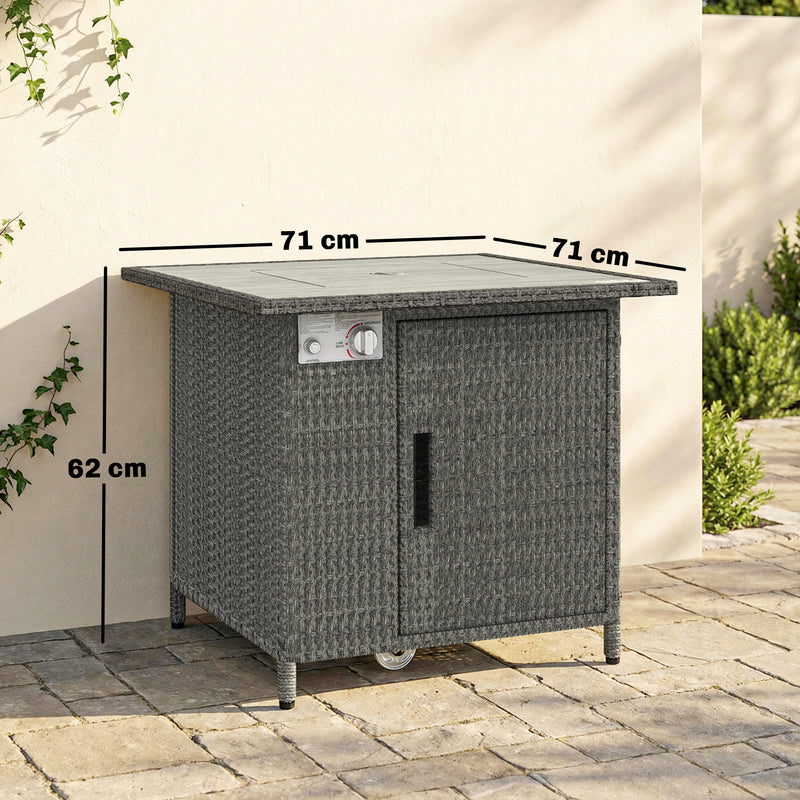 Outdoor Rattan Gas Fire Pit Table With Adjustable Flame And Glass Guard Dark Grey Outsunny