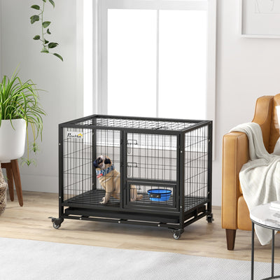 Heavy Duty Dog Crate with Wheels Removable Tray and Bowl Holder for Medium Large Dogs Grey