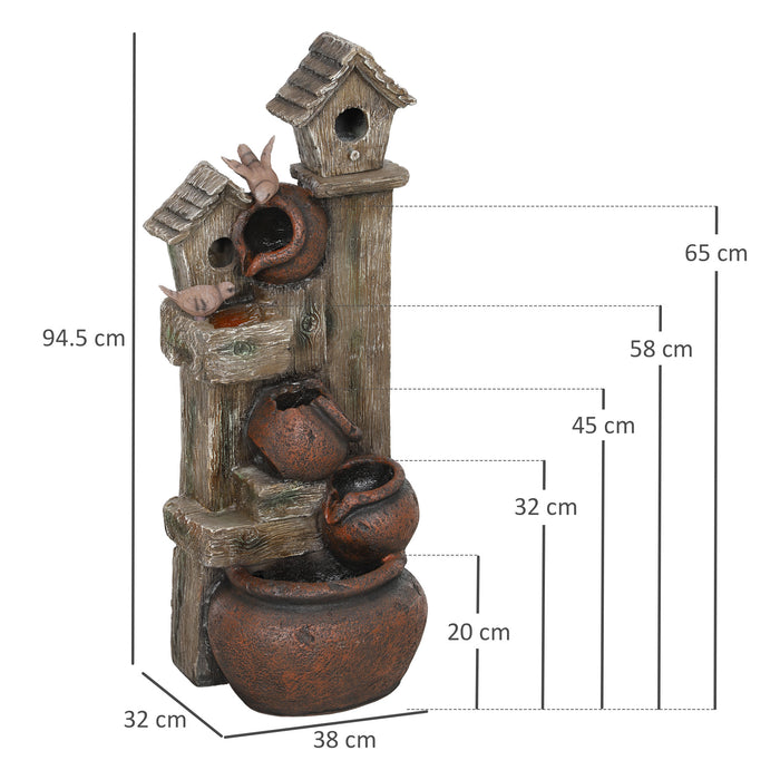 2-in-1 Waterfall Fountain with Birdhouse LED Lights and Pump Tree Trunk Design by Outsunny