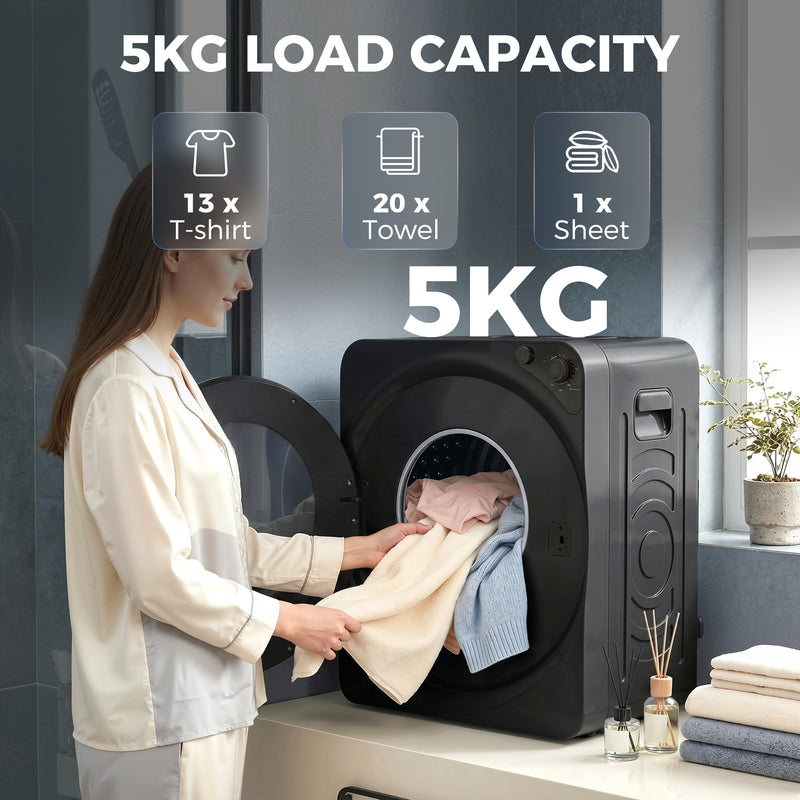 Compact Stackable Tumble Dryer for Small Homes with 5kg Drum and Quiet Operation Black