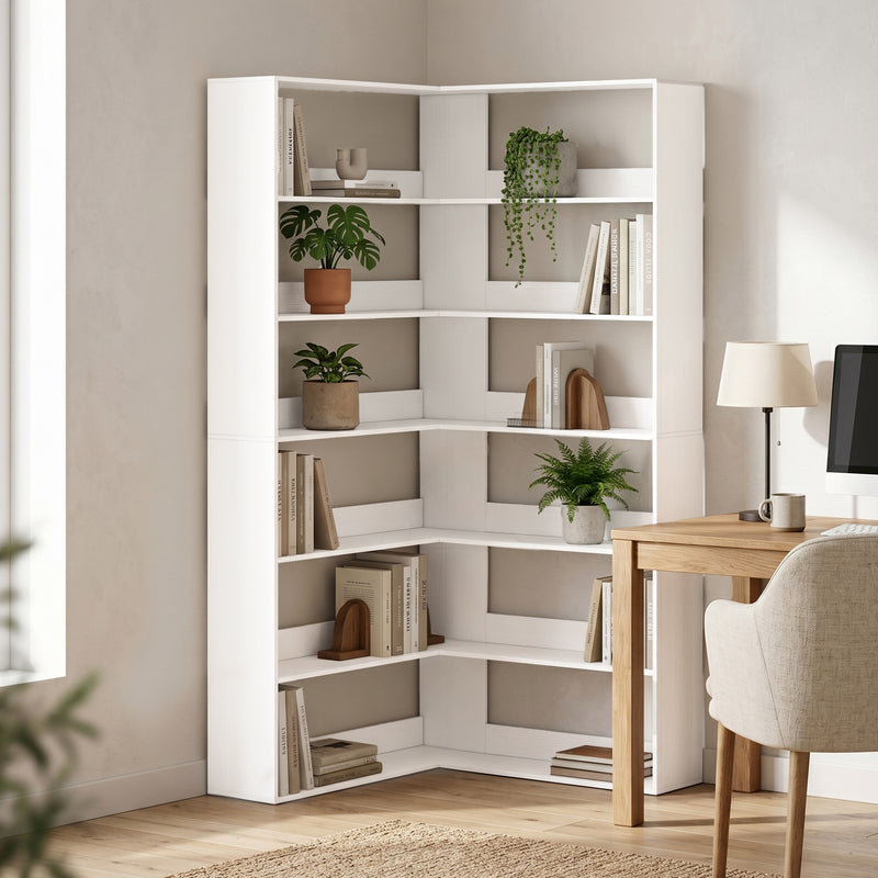 Corner Bookcase with 7 Open Shelves for Small Room Storage White Wood Effect