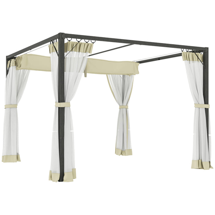 3 x 3m Aluminium Retractable Pergola with Khaki Roof and Curtains by Outsunny