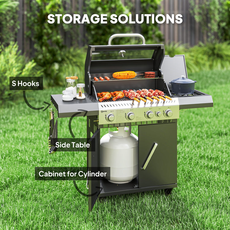 Black 4+1 Burner Gas BBQ Grill with Clear View Lid and Side Table for Outdoor Cooking by Outsunny