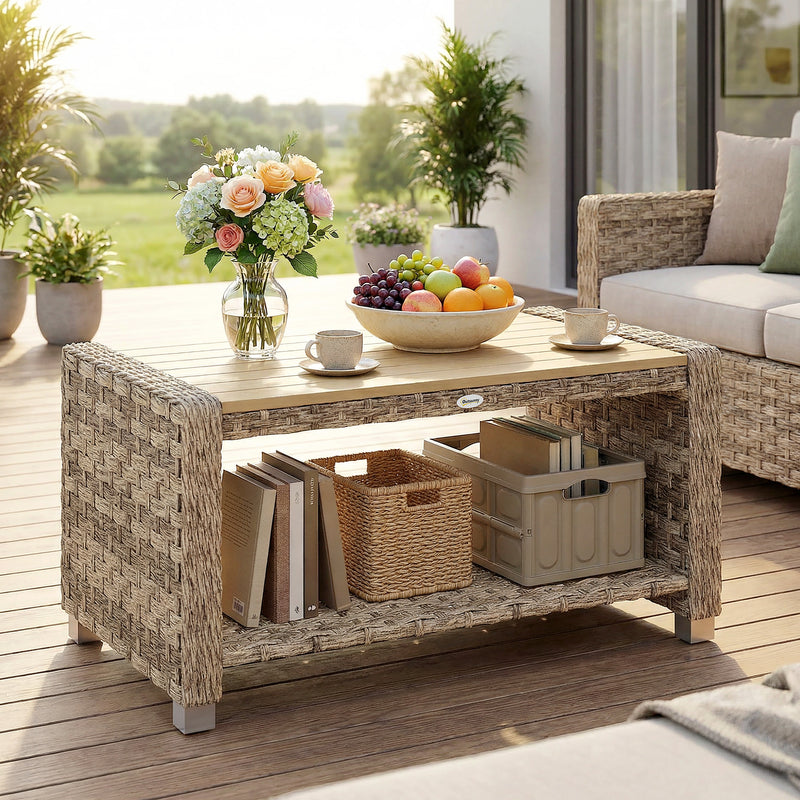Rattan Coffee Table with Two-Tier Storage for Outdoor Seating Areas Light Brown AOSOM