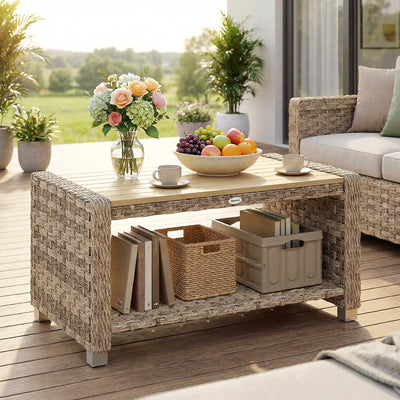 Rattan Coffee Table with Two-Tier Storage for Outdoor Seating Areas Light Brown AOSOM