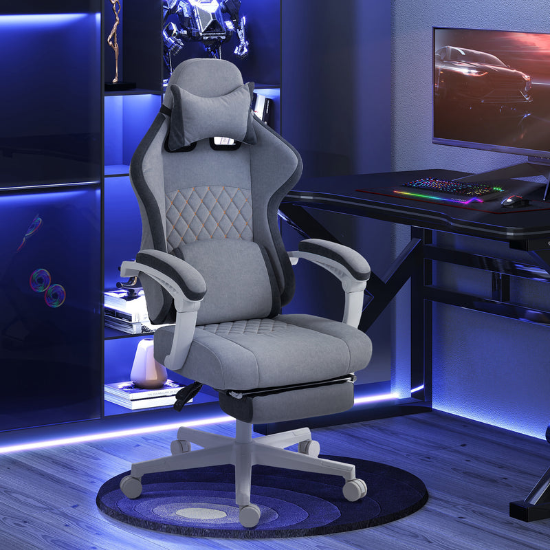 Grey Velvet Reclining Gaming Chair With Footrest And Lumbar Support For Home Office
