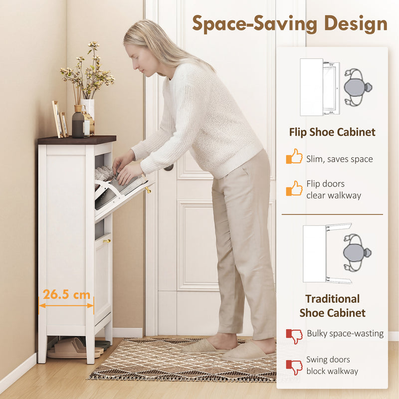Narrow Shoe Cabinet for Hallways with 2 Flip Drawers White With Gold Handles 60 x 27 x 97 cm Homcom