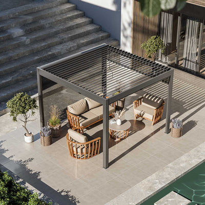 Luxe 3x3m louvred roof pergola with solar lighting and voice control