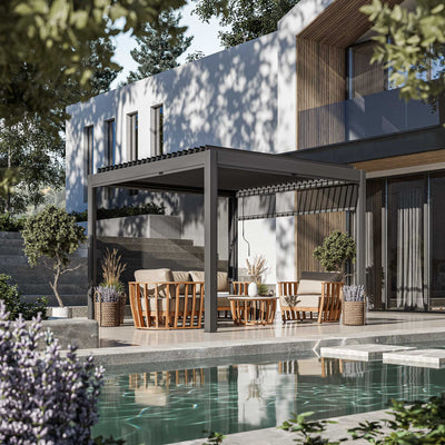 Luxe 3x3m louvred roof pergola with solar lighting and voice control