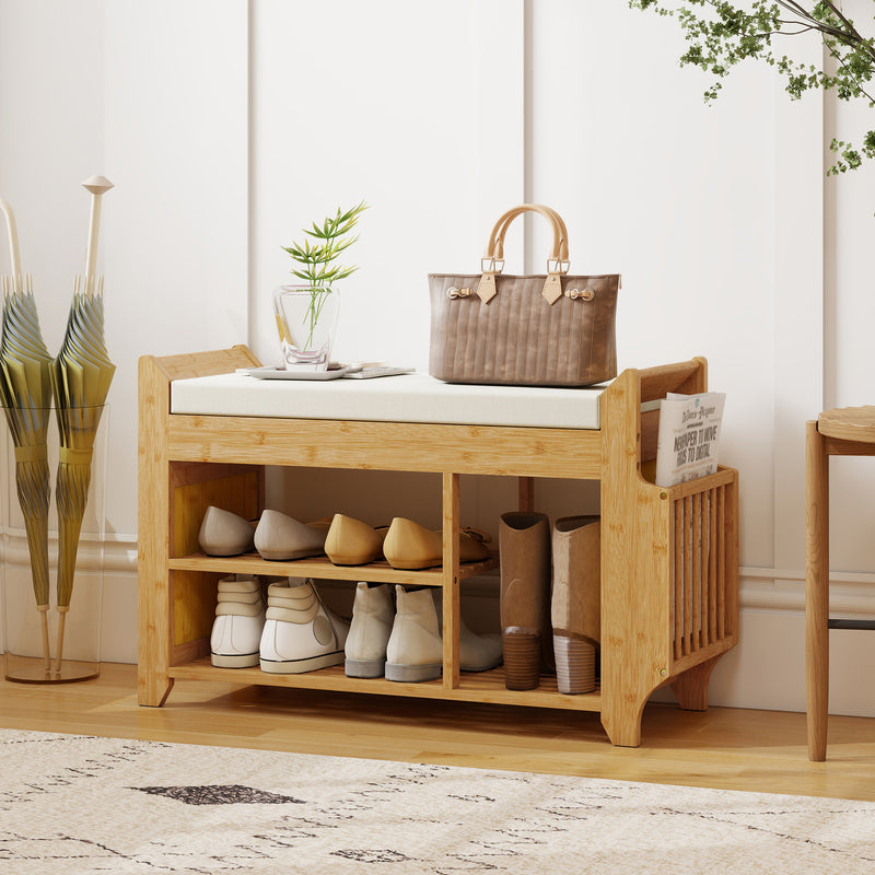 Hallway Shoe Storage Bench with Padded Seat and Side Compartment for Narrow Spaces Natural Cream