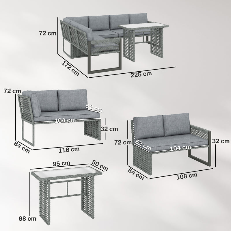Modular Rattan Patio Furniture Set with Washable Cushions and Glass Table, Grey