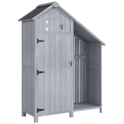 Small Grey Wooden Storage Shed with 3 Shelves and Log Rack for Garden Organisation  121 x 45 x 180cm Outsunny