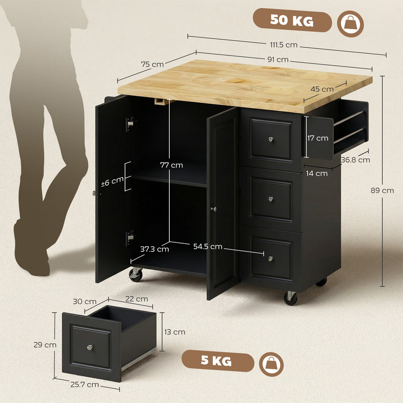 Black Mobile Kitchen Island Trolley With Drop Leaf, Storage Shelves, Drawers, and Rubber Wood Counter Top For Easy Meal Prep