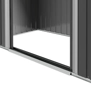 Image of a small grey metal outdoor garden storage shed with apex roof