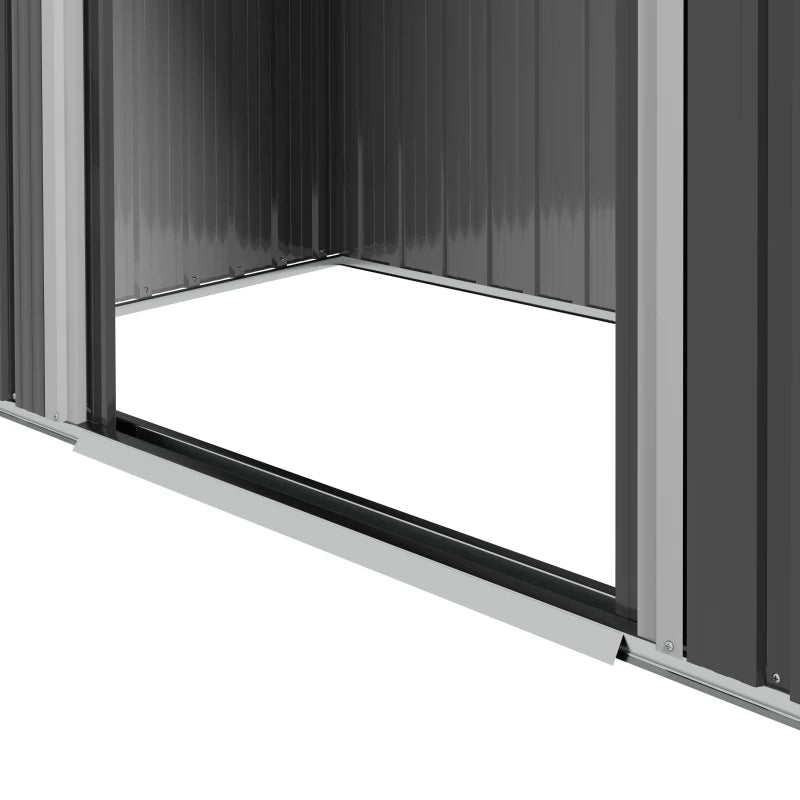 Image of a small grey metal outdoor garden storage shed with apex roof